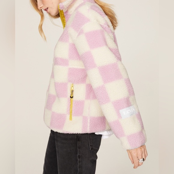Levi's Pink and White Checkered Sherpa Pullover with Yellow Zip - Picture 7 of 9